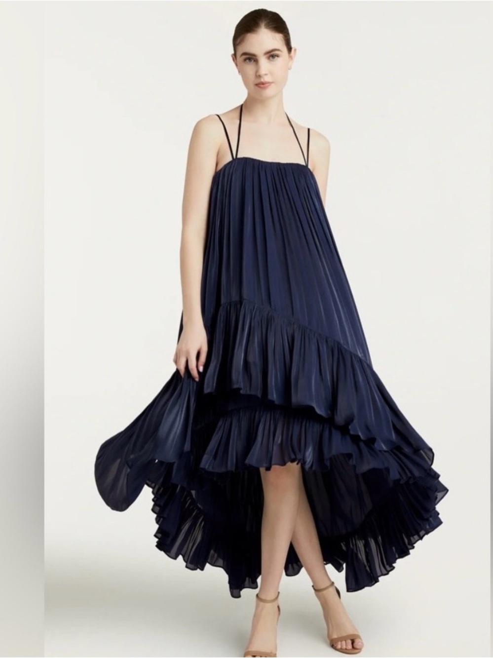 cinq a sept Navy Pleated High-Low Spaghetti Strap Dress